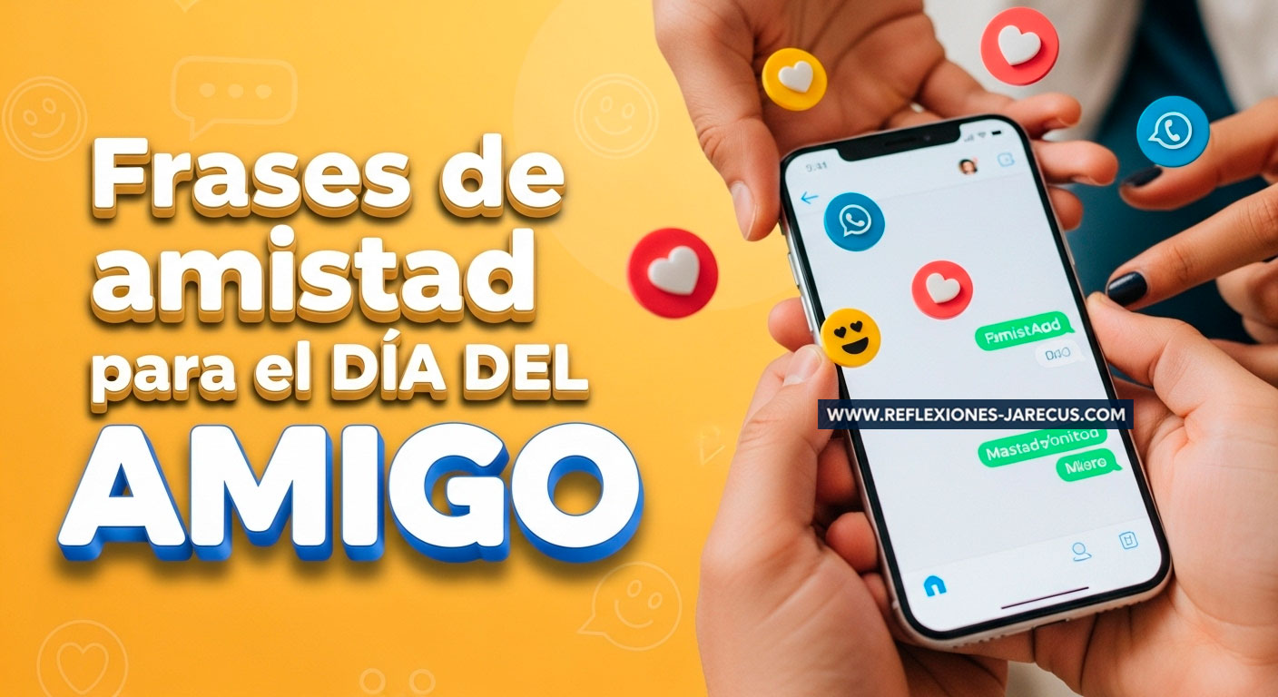 Smartphone con WhatsApp mostrando emojis de amistad y corazones coloridos flotando alrededor con manos diversas conectándose