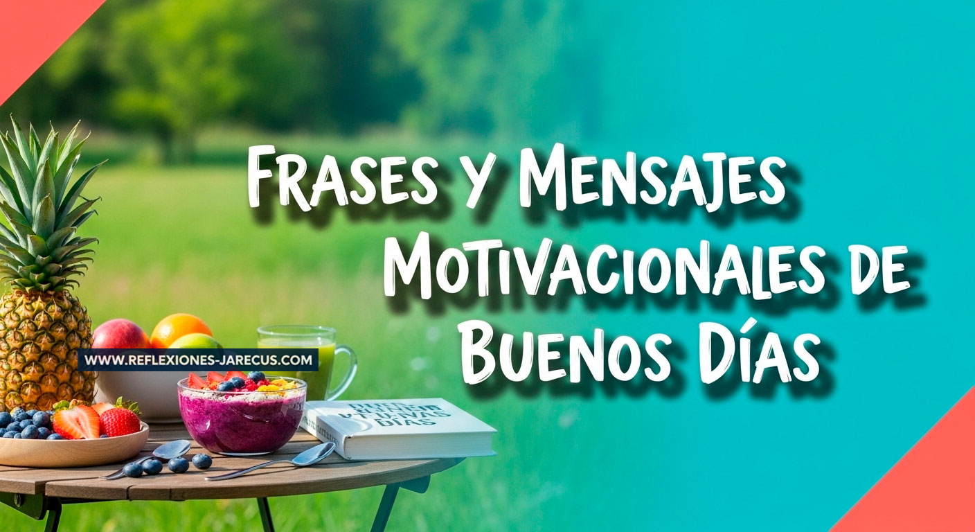 Escena matutina vibrante de un desayuno al aire libre con una mesa de madera que sostiene un tazón de smoothie, frutas coloridas y un libro de citas motivacionales bajo una suave luz matutina, con el texto en español "Frases y Mensajes Motivacionales de Buenos Días" en una fuente estilo manuscrito, destacado en la imagen.