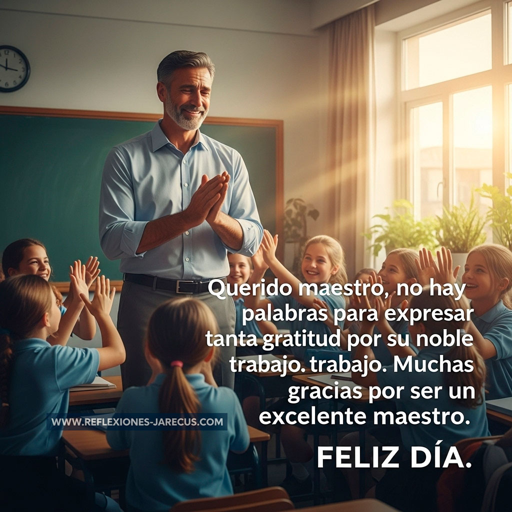 Profesor conmovido recibiendo abrazos y aplausos de sus alumnos en un aula iluminada por el sol.