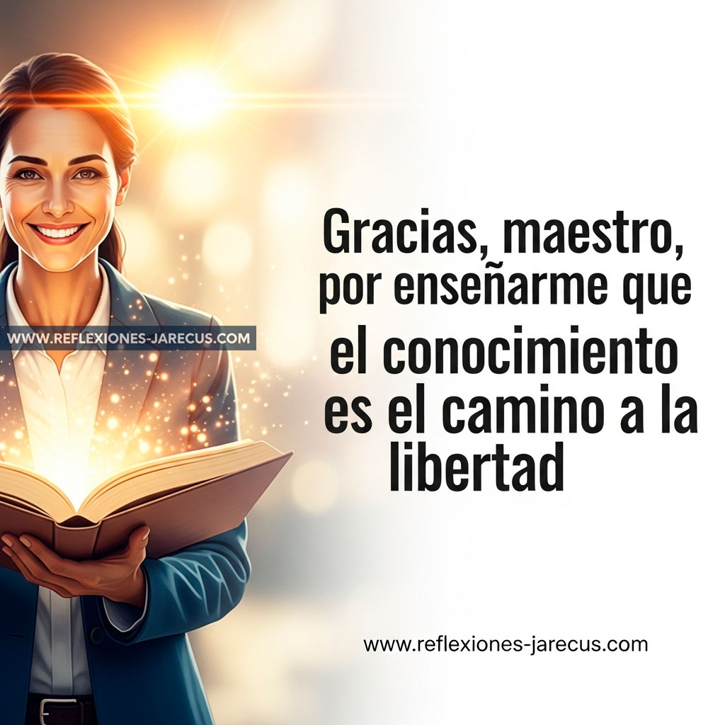 Maestro sonriente sosteniendo un libro abierto que emite un brillo mágico, simbolizando el conocimiento como camino hacia la libertad.