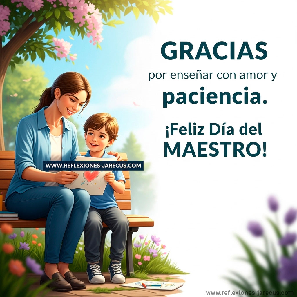 Maestra sentada en un jardín escolar junto a un niño, mirando su dibujo con una sonrisa de cariño y paciencia.