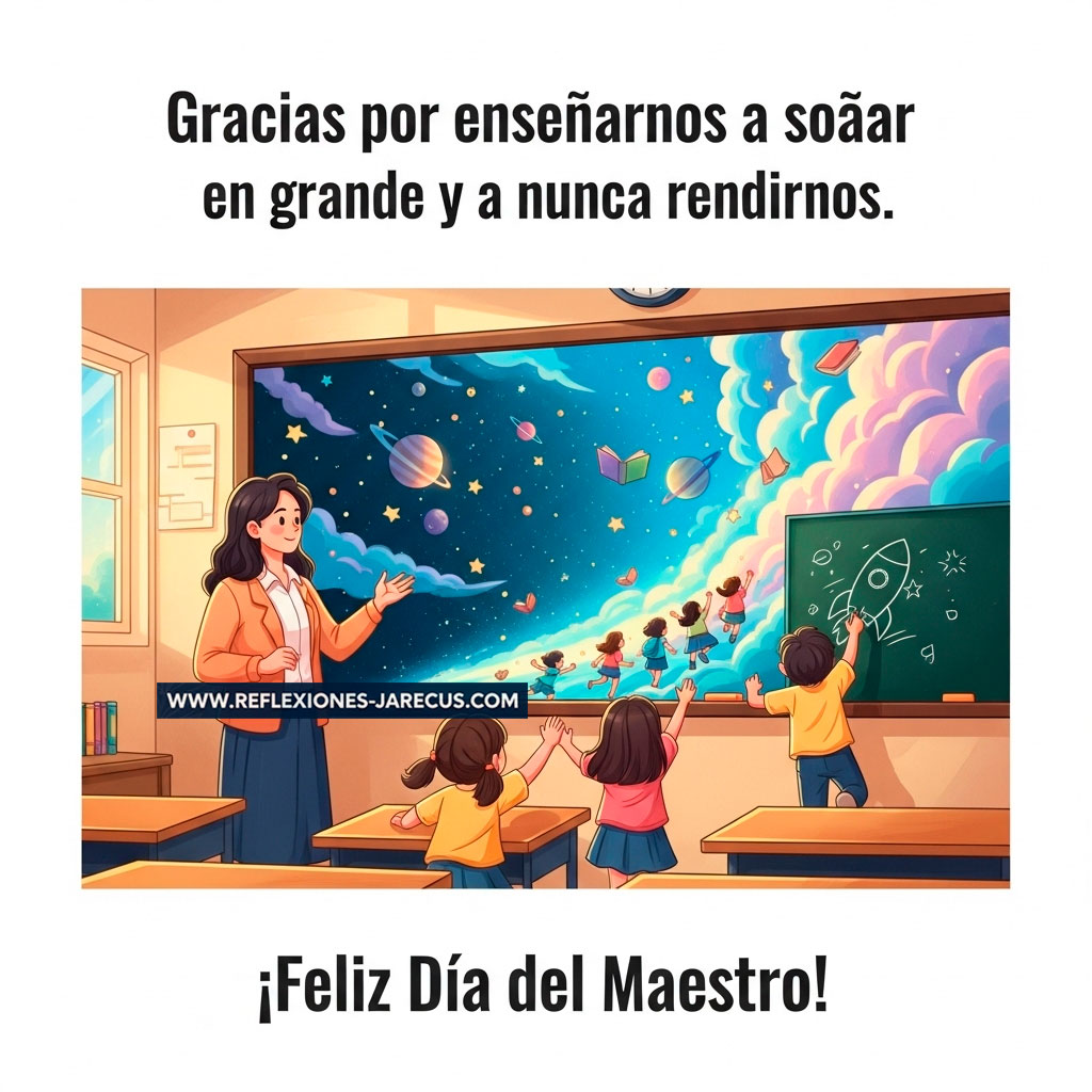 Maestro observa con orgullo a sus alumnos mientras la pizarra se convierte en una ventana hacia los sueños.