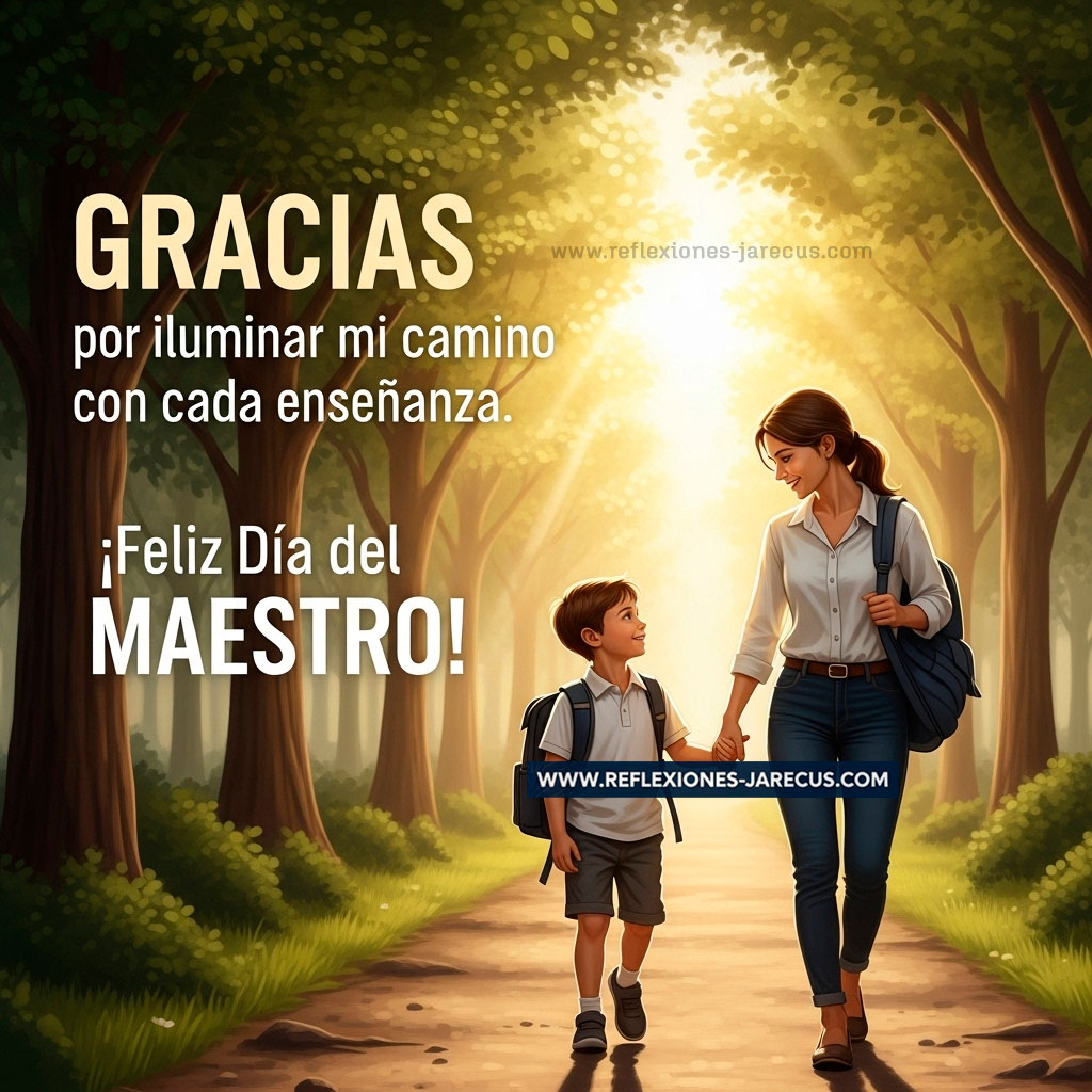Maestra camina con un niño por un sendero iluminado por el sol, simbolizando la guía y enseñanza.