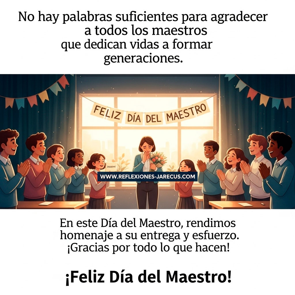 Grupo de estudiantes aplaude con emoción a su maestro en un salón decorado por el Día del Maestro.