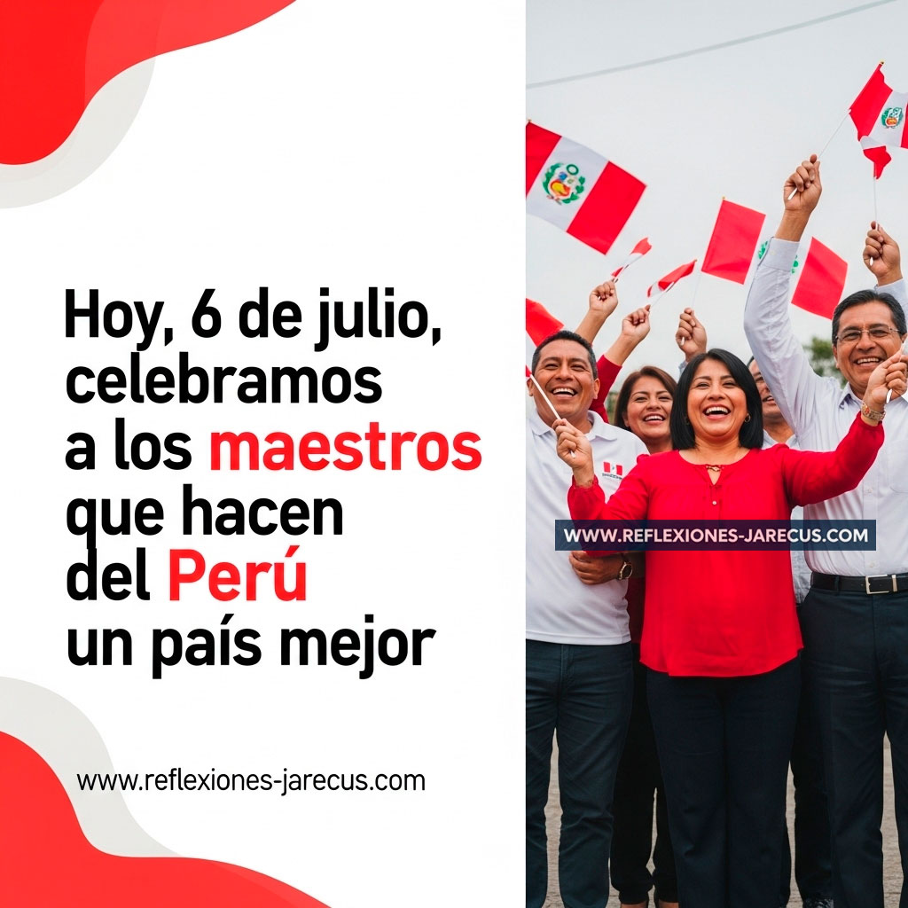 Grupo de maestros diversos con banderas peruanas, simbolizando la celebración y orgullo nacional.