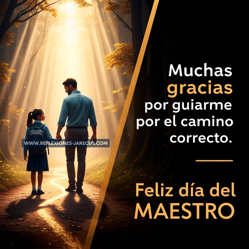 Maestro caminando junto a un alumno por un sendero iluminado, símbolo de guía y sabiduría.
