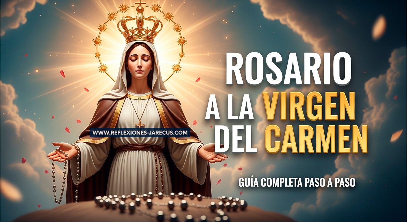 Imagen de la Virgen del Carmen con rosario y texto guía completa paso a paso