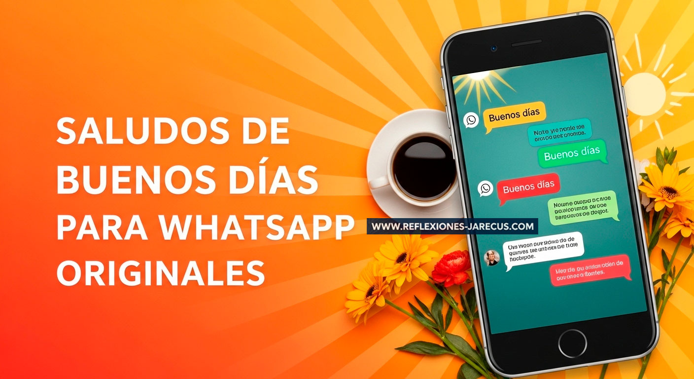 Smartphone mostrando mensajes de buenos días originales para WhatsApp con elementos matutinos coloridos