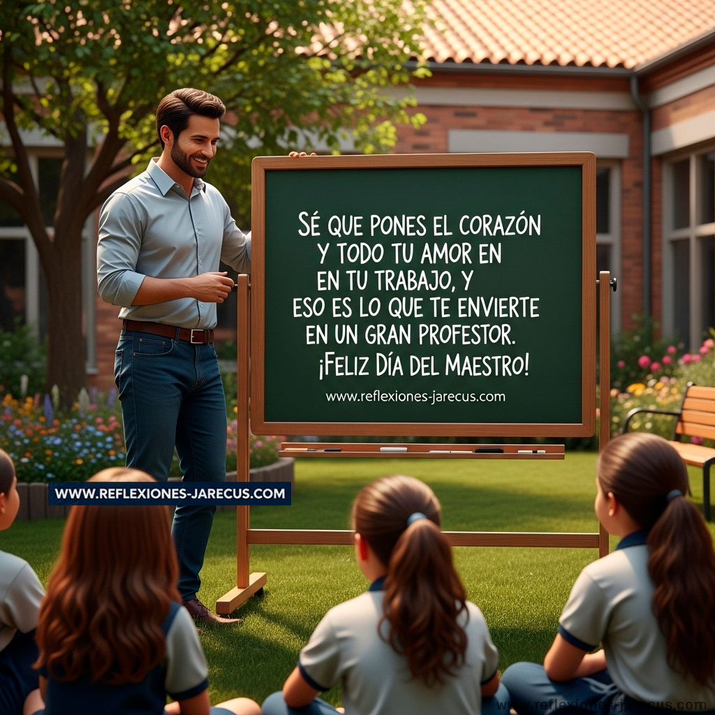 Profesor de pie frente a una pizarra con una frase escrita en tiza que celebra el Día del Maestro.