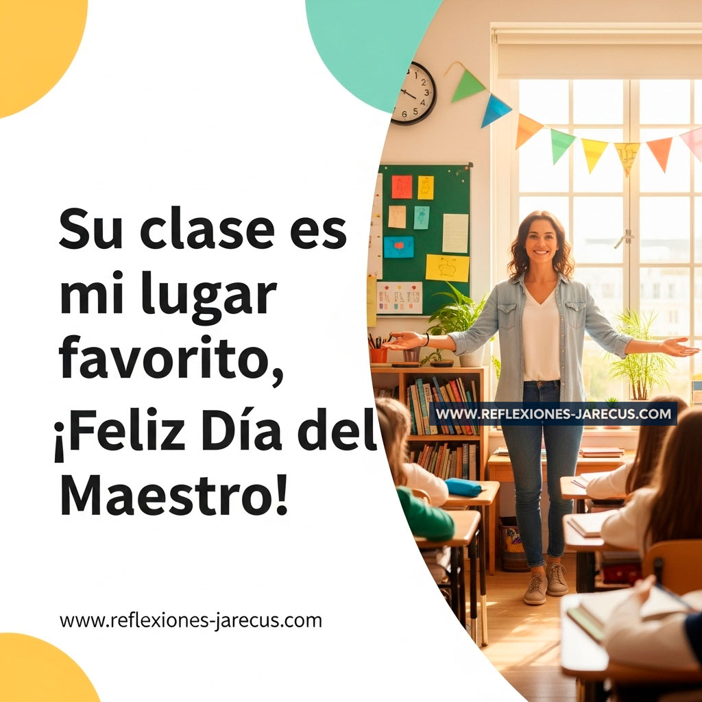 Maestro sonriente dando la bienvenida a estudiantes en un aula luminosa y acogedora.