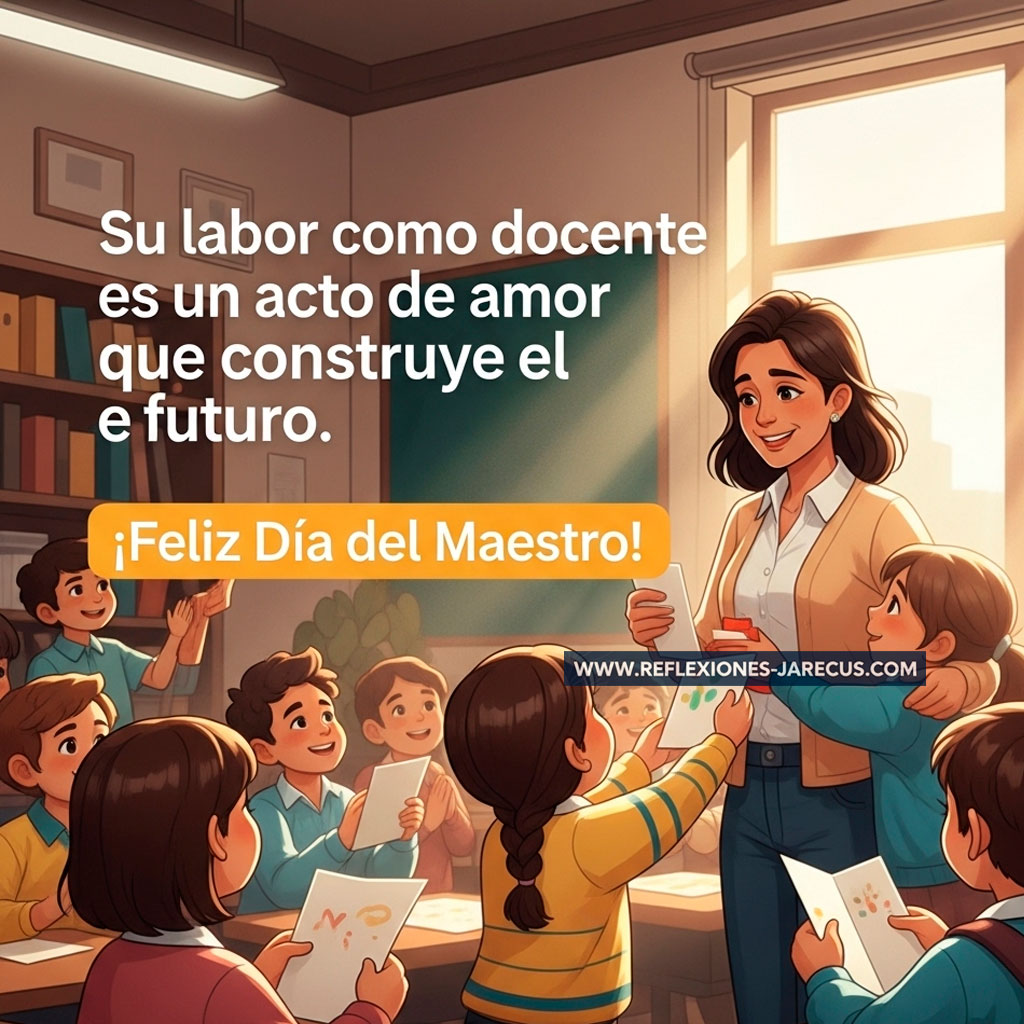 Ilustración de docente sonriente rodeado de estudiantes agradecidos en un aula luminosa.