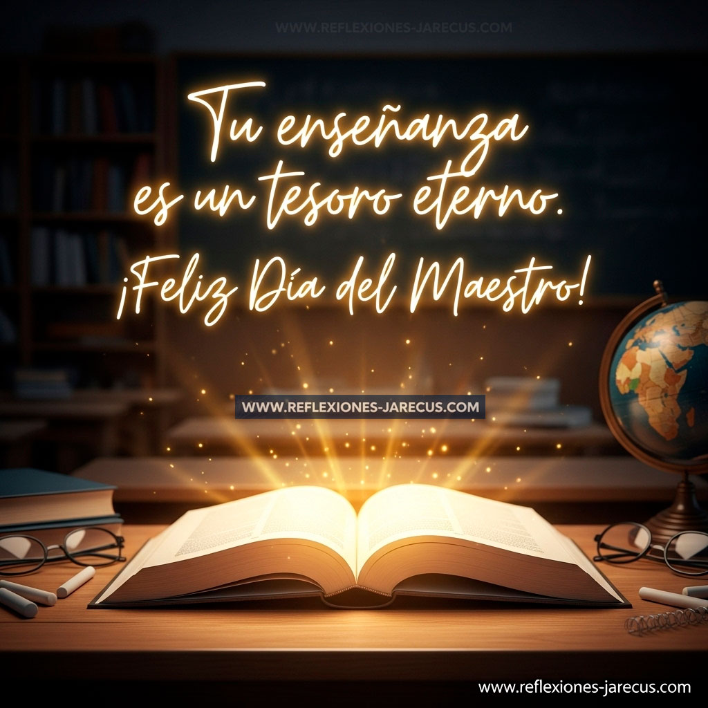 Libro abierto brillando con luz dorada sobre escritorio, como símbolo del valor eterno de la enseñanza.