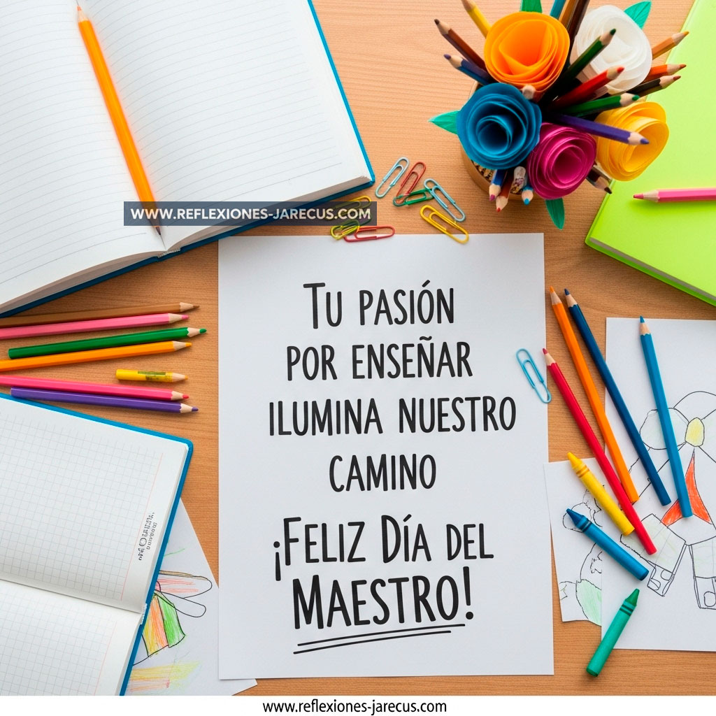 Vista desde arriba de un escritorio decorado con útiles escolares y mensaje escrito a mano para el Día del Maestro.