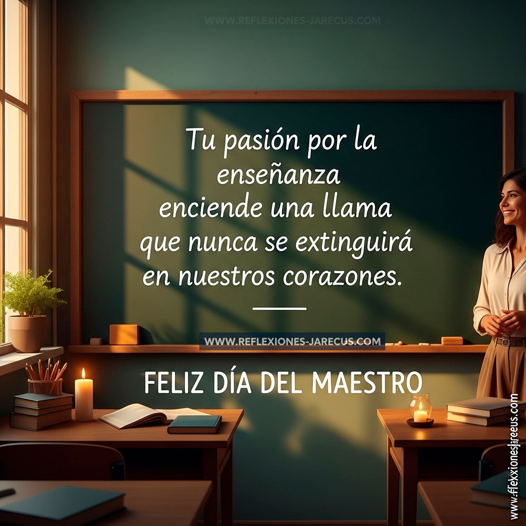 Frase emotiva escrita en una pizarra iluminada con calidez, en un aula con detalles que simbolizan la pasión por enseñar.