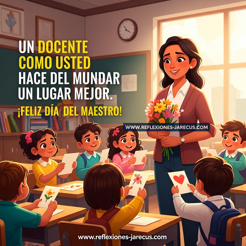 Ilustración de maestra latina rodeada de niños agradecidos celebrando el Día del Maestro.