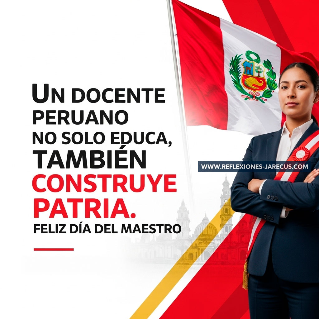 Docente peruano orgulloso con símbolos patrios, representando la construcción de patria a través de la educación.