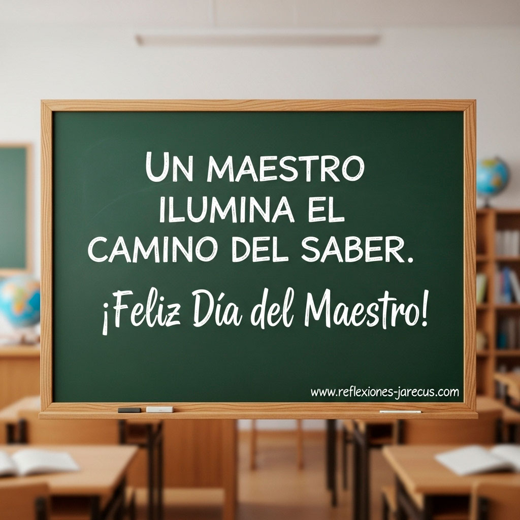 Frase por el Día del Maestro escrita con tiza blanca en una pizarra dentro de un aula escolar.