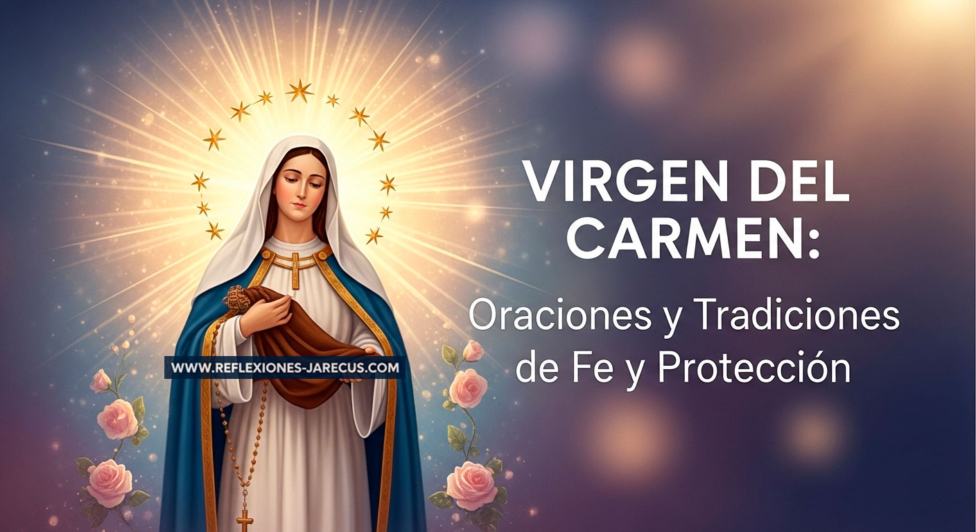 Imagen emotiva y espiritual con la Virgen del Carmen iluminada, acompañada de texto claro “Virgen del Carmen: Oraciones y Tradiciones de Fe y Protección”.