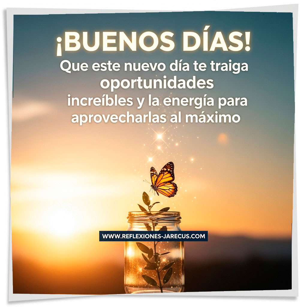 Frasco de cristal con una mariposa saliendo hacia el amanecer, rodeada de luz cálida y destellos mágicos, con frase motivadora en español.