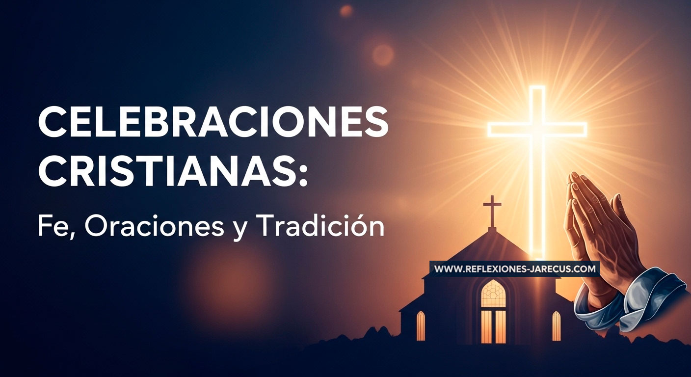Imagen emocional y atractiva que muestra un símbolo central de espiritualidad con el texto grande “Celebraciones Cristianas: Fe, Oraciones y Tradición”, transmitiendo paz y reflexión.