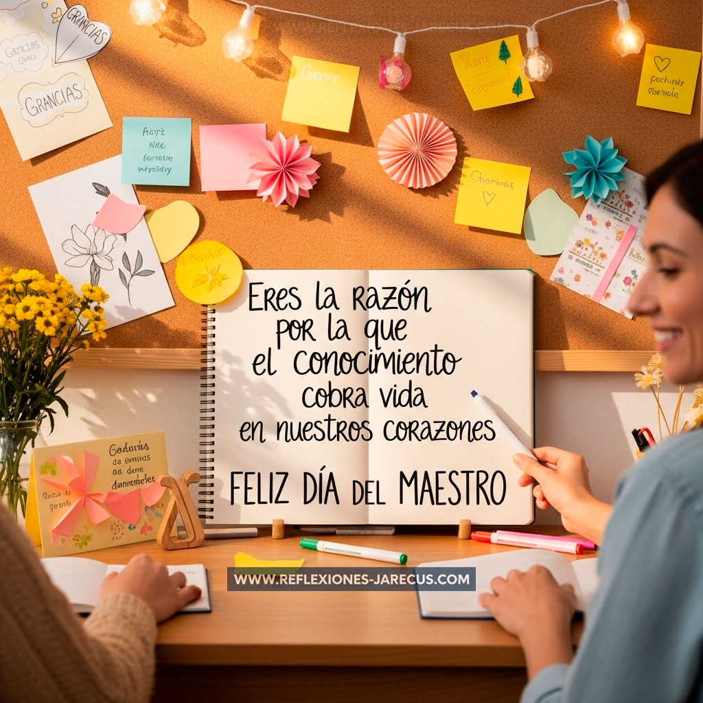 Carta escrita a mano con frase de agradecimiento rodeada de dibujos y decoraciones hechas por alumnos.
