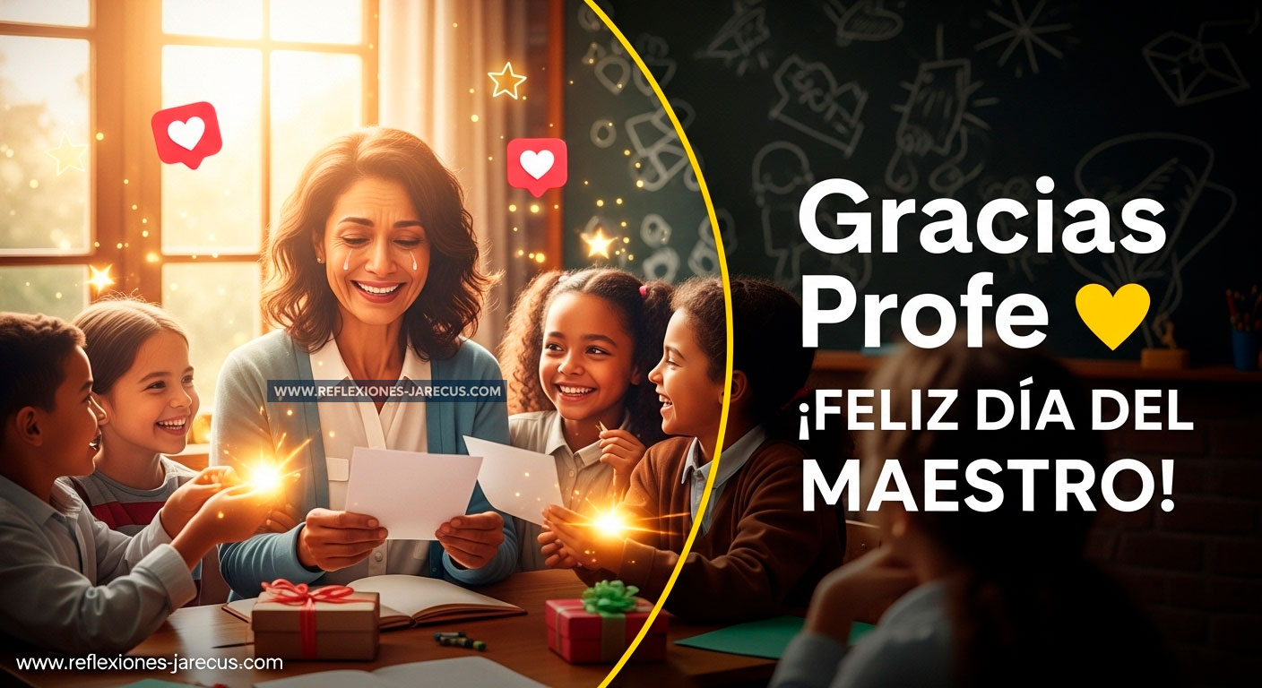 Miniatura emocional del Día del Maestro 2025 con profesora emocionada rodeada de alumnos agradecidos