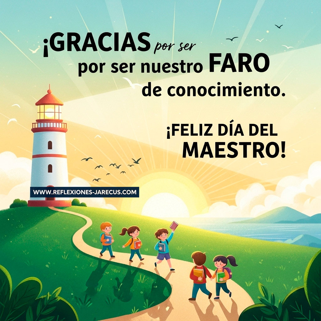 Faro iluminando con calidez un camino lleno de niños sonrientes con libros, al amanecer.