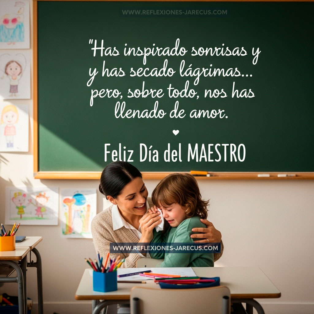 Maestra consuela a un alumno en clase, con una pizarra de fondo que muestra una frase escrita con tiza blanca.